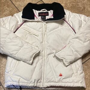 Kemper Down-Filled Small White Ski Jacket with Black Collar & Pink Accents